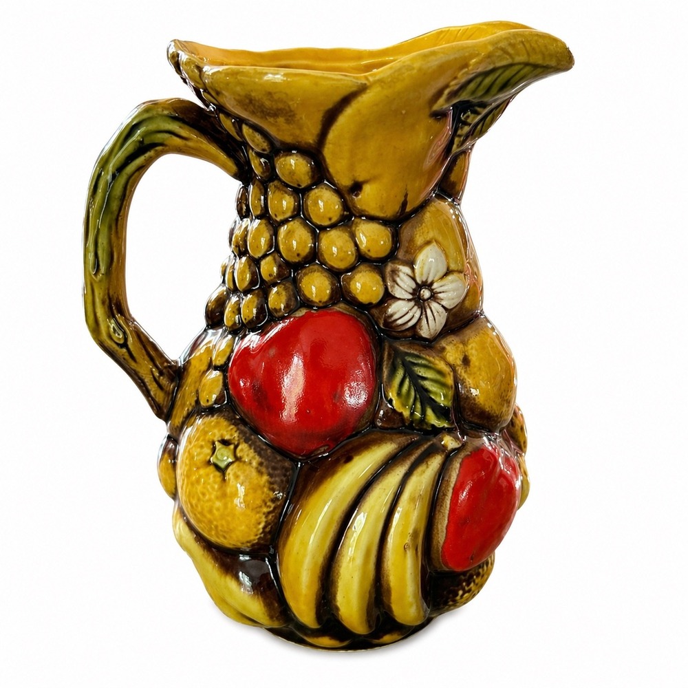 Vintage Replo Fruit Relief Ceramic Pitcher Grapes Apple Banana 8" Japan 3D